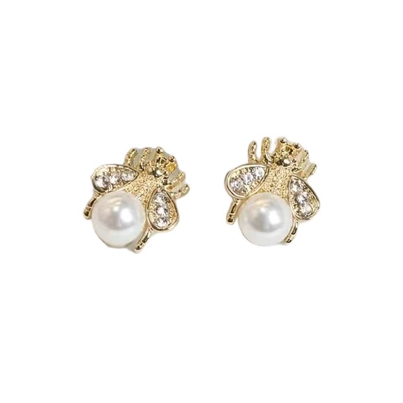Gold Bumblebee Stud Earrings with Faux Pearl - Picture 3 of 8